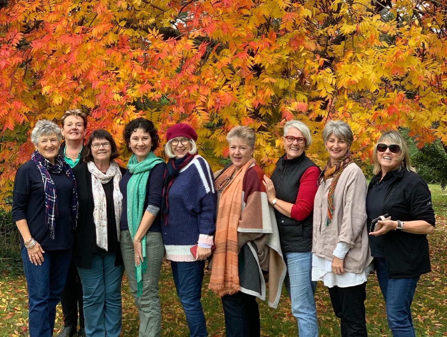 nine ladies standing in a line in front of autumn tree